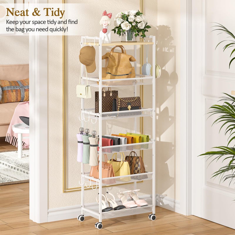ThreeHio 6-Tier Closet Organizer and Storage Shelf with 12 Hooks, Tall Purse Rack for Closet with Lockable Wheels & Wooden Top, Heavy-Duty Rolling Handbag Stand Rack for Bedroom or Entryway, White - Image 5