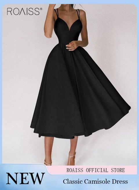 Women's Fashionable Classic Suspender Dress Versatile A-Line Dress Adjustable Suspender Design High Waist Silhouette, and Flowing Big Skirt Hem Daily Commuting Black