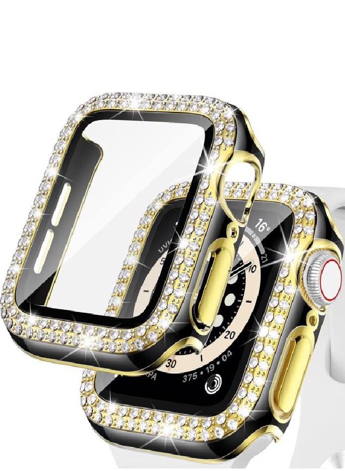 CAVIAR Smartwatch Luxury Anti Shock Screen Protector Cover Case Sensitive Touch Tempered Glass Screen Protector Two Tone Color Double Row Glitter Crystal Diamonds Apple Watch Series 8 7 44mm Gold / Black