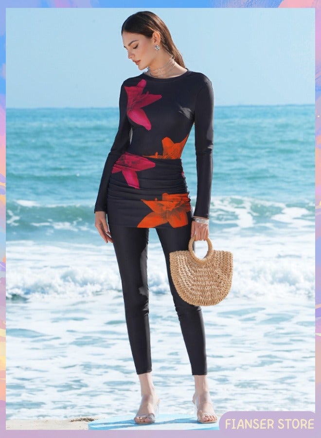 فيانسر بوركيني طقم سباحة مكون من 3 قطع بأكمام طويلة مع تنورة تغطية كاملة ملابس شاطئ موضة محتشمة محافظة إسلامية للمسلمات كلاسيكية ملابس عربية حماية من الشمس والأشعة فوق البنفسجية بدلة غوص بدلة ركوب الأمواج تجف بسرعة زي سباحة بسحاب بنطال طويل - Image 1