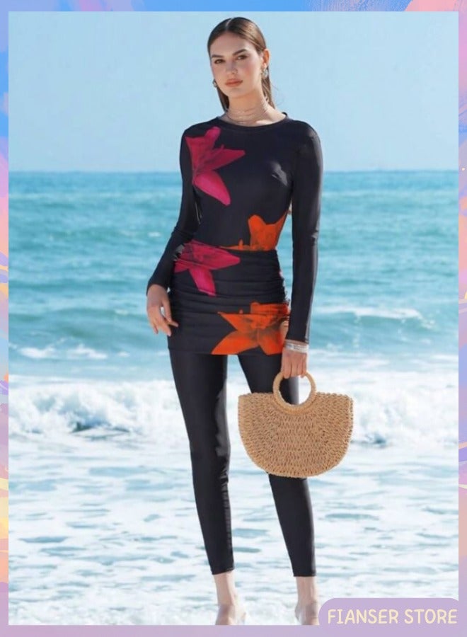 فيانسر بوركيني طقم سباحة مكون من 3 قطع بأكمام طويلة مع تنورة تغطية كاملة ملابس شاطئ موضة محتشمة محافظة إسلامية للمسلمات كلاسيكية ملابس عربية حماية من الشمس والأشعة فوق البنفسجية بدلة غوص بدلة ركوب الأمواج تجف بسرعة زي سباحة بسحاب بنطال طويل - Image 2