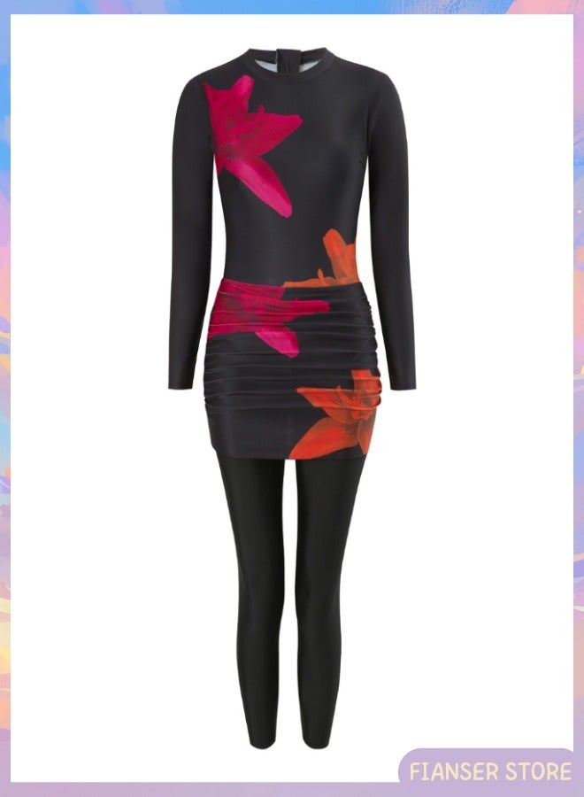 فيانسر بوركيني طقم سباحة مكون من 3 قطع بأكمام طويلة مع تنورة تغطية كاملة ملابس شاطئ موضة محتشمة محافظة إسلامية للمسلمات كلاسيكية ملابس عربية حماية من الشمس والأشعة فوق البنفسجية بدلة غوص بدلة ركوب الأمواج تجف بسرعة زي سباحة بسحاب بنطال طويل - Image 5