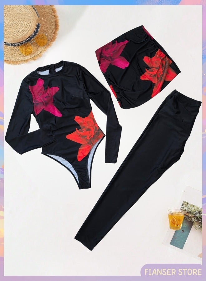 فيانسر بوركيني طقم سباحة مكون من 3 قطع بأكمام طويلة مع تنورة تغطية كاملة ملابس شاطئ موضة محتشمة محافظة إسلامية للمسلمات كلاسيكية ملابس عربية حماية من الشمس والأشعة فوق البنفسجية بدلة غوص بدلة ركوب الأمواج تجف بسرعة زي سباحة بسحاب بنطال طويل - Image 4