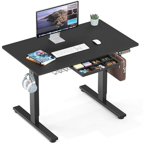 SHW 55 x 28 Inches Electric Height Adjustable Standing Desk with Drawer and Memory Preset Black