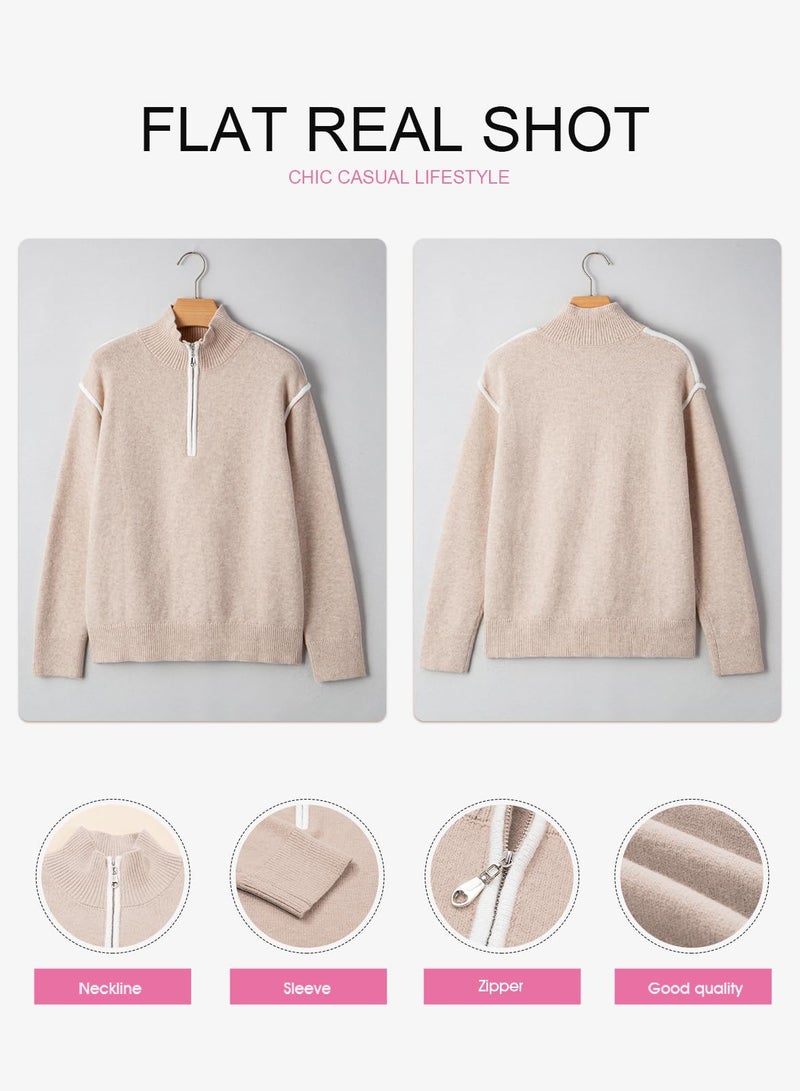 EVALESS Womens Trendy Long Sleeve V Neck Quarter Zip Collared Ribbed Knit Fall Sweaters 2025 Fashion Oversized Winter Dressy Casual Pullover Outfits,Oatmeal Small - Image 5