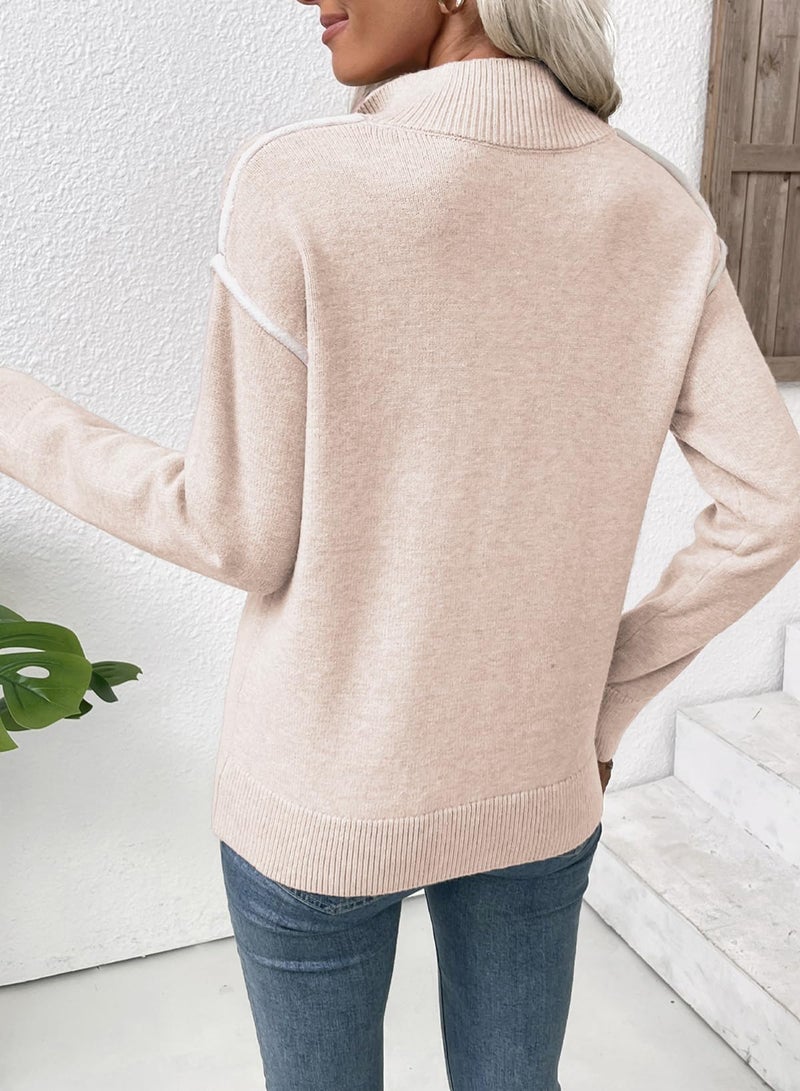EVALESS Womens Trendy Long Sleeve V Neck Quarter Zip Collared Ribbed Knit Fall Sweaters 2025 Fashion Oversized Winter Dressy Casual Pullover Outfits,Oatmeal Small - Image 2