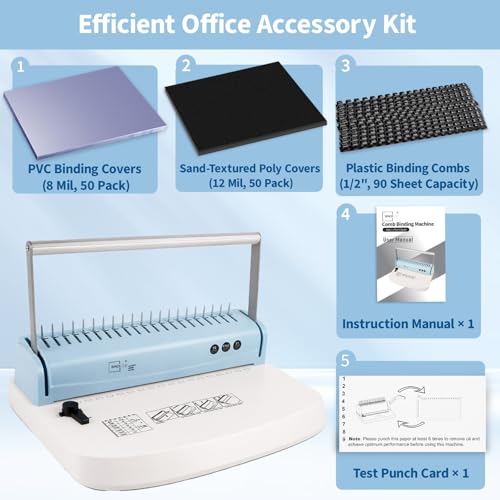 Binditek Binding Machine, 19-Hole, 145 Sheets, Comb Binding Machines with 50 PVC Binding Covers (8Mil), 50 Sand-Textured Polycovers (12Mil) and 50 PCS 1/2" Binding Combs, for Letter Size, Fixed Margin - Image 2