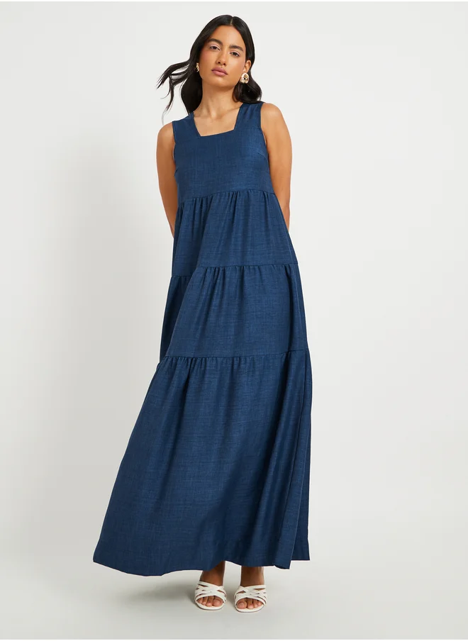 Styli Solid Sleeveless Tiered Maxi Dress