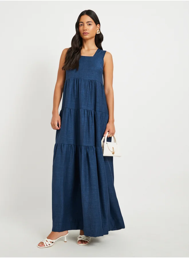 Styli Solid Sleeveless Tiered Maxi Dress