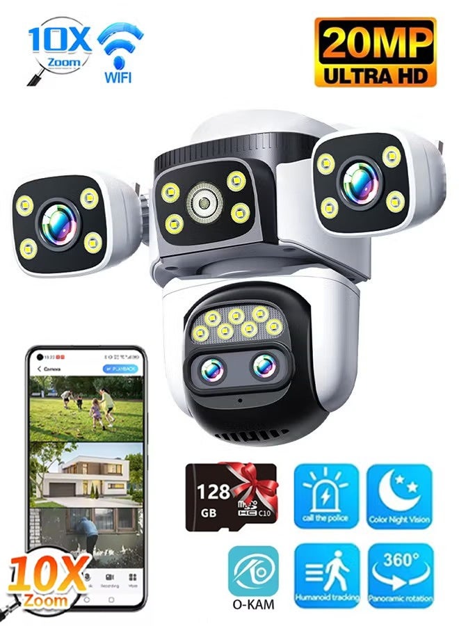 كوراكس كاميرا واي فاي للرؤية الليلية في الهواء الطلق ، 10x زوم 20MP عالية الوضوح فوق العالية أربع عدسات PTZ كاميرا مراقبة التتبع الذكية التلقائية ، مقاومة للماء ومقاومة للغبار ، مسافة عرض 200 متر ، دوران 360 درجة بدون بقع عمياء ، صوت ثنائي الاتجاه ، ميكروفون مدمج (بطاقة 128 جيجا بايت مجانية) - Image 1