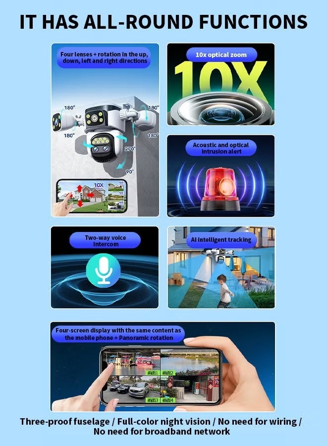 كوراكس كاميرا واي فاي للرؤية الليلية في الهواء الطلق ، 10x زوم 20MP عالية الوضوح فوق العالية أربع عدسات PTZ كاميرا مراقبة التتبع الذكية التلقائية ، مقاومة للماء ومقاومة للغبار ، مسافة عرض 200 متر ، دوران 360 درجة بدون بقع عمياء ، صوت ثنائي الاتجاه ، ميكروفون مدمج (بطاقة 128 جيجا بايت مجانية) - Image 5