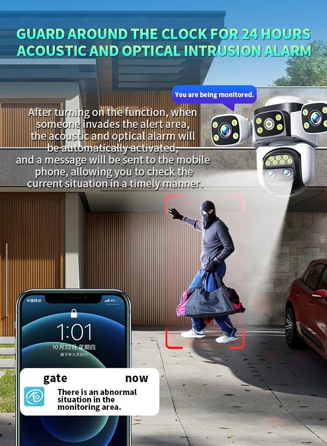 كوراكس كاميرا واي فاي للرؤية الليلية في الهواء الطلق ، 10x زوم 20MP عالية الوضوح فوق العالية أربع عدسات PTZ كاميرا مراقبة التتبع الذكية التلقائية ، مقاومة للماء ومقاومة للغبار ، مسافة عرض 200 متر ، دوران 360 درجة بدون بقع عمياء ، صوت ثنائي الاتجاه ، ميكروفون مدمج (بطاقة 128 جيجا بايت مجانية) - Image 4