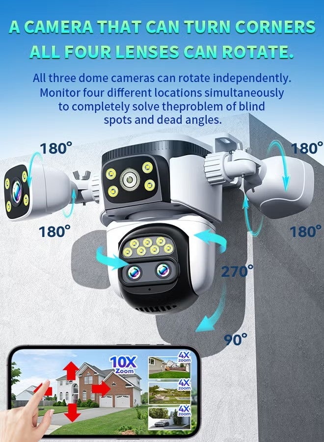 كوراكس كاميرا واي فاي للرؤية الليلية في الهواء الطلق ، 10x زوم 20MP عالية الوضوح فوق العالية أربع عدسات PTZ كاميرا مراقبة التتبع الذكية التلقائية ، مقاومة للماء ومقاومة للغبار ، مسافة عرض 200 متر ، دوران 360 درجة بدون بقع عمياء ، صوت ثنائي الاتجاه ، ميكروفون مدمج (بطاقة 128 جيجا بايت مجانية) - Image 3