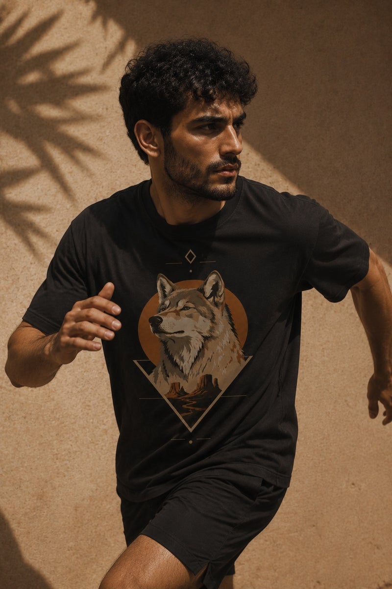 Men's Black Wolf Graphic T-Shirt Casual Short Sleeve Crew Neck Streetwear Tee - Image 3