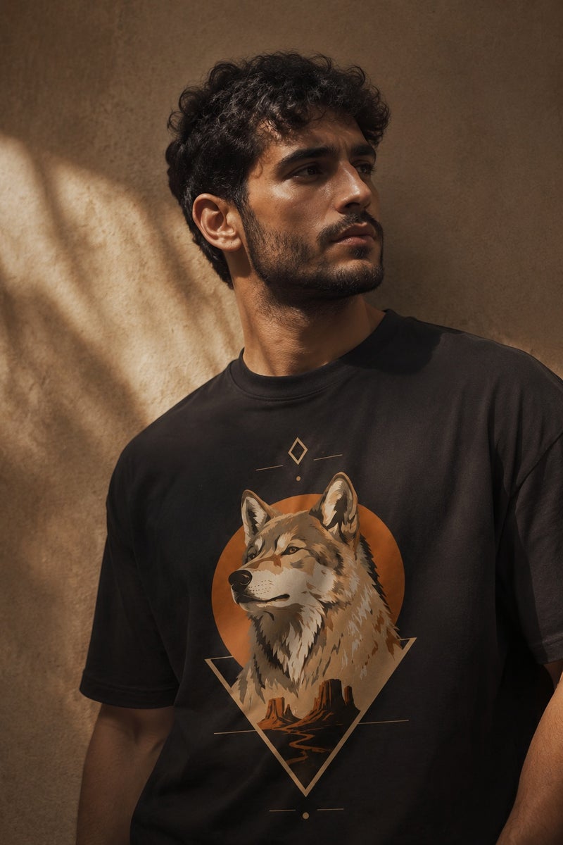 Men's Black Wolf Graphic T-Shirt Casual Short Sleeve Crew Neck Streetwear Tee - Image 1