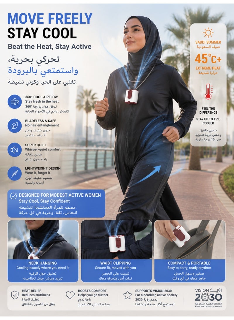 مروحة رقبة محمولة ومروحة خصر 2 في 1 قابلة للارتداء، تدفق هواء قوي 360 درجة بدون استخدام اليدين، شحن USB-C مع عمر بطارية طويل للأماكن الخارجية - Image 2