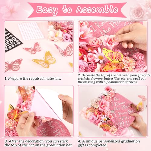 Naozinebi 55 قطعة زينة قبعة تخرج وردية بتصميم DIY مع زهور صناعية متنوعة، أشرطة وردية، ملصقات فراشة ثلاثية الأبعاد، حروف وأرقام لامعة لتزيين قبعة التخرج، مستلزمات حفلة التخرج - Image 3