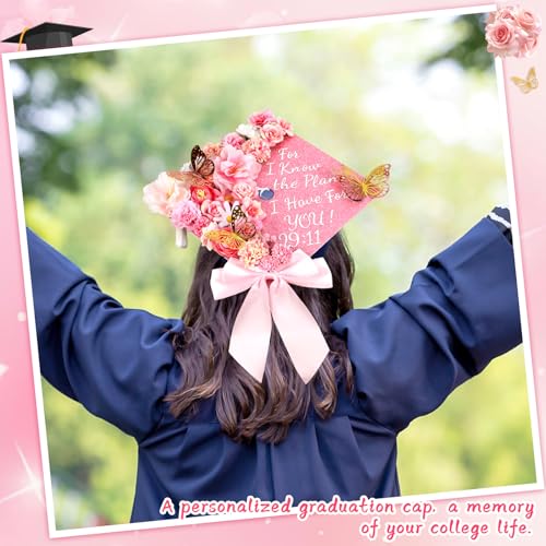 Naozinebi 55 قطعة زينة قبعة تخرج وردية بتصميم DIY مع زهور صناعية متنوعة، أشرطة وردية، ملصقات فراشة ثلاثية الأبعاد، حروف وأرقام لامعة لتزيين قبعة التخرج، مستلزمات حفلة التخرج - Image 4