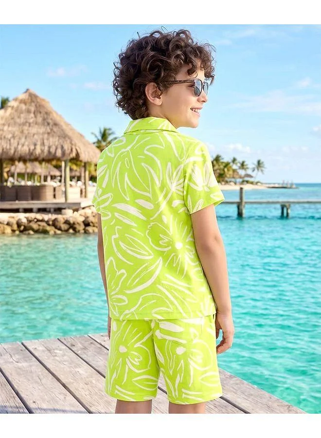 Ollington St. Ollington St. Cotton Knit Leaf Printed Half Sleeves Shirt & Shorts Co-ords Set With Inner Tee - Lime & White