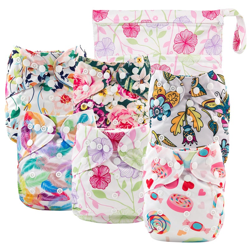 Babygoal Cloth Diaper Cover for Girls,Baby Adjustable Reusable Covers for Fitted Diapers and Prefolds, 6pcs Baby Clothes Covers+One Wet Bag 6DCF04 - Image 1