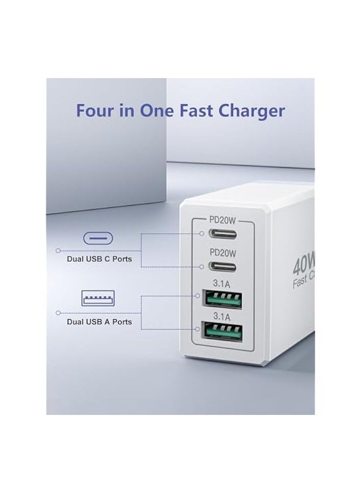 Aioneus USB C Fast Charger 40W 4 Ports Type C Charger Adapter with USB C and USB A PD 3.0 Fast Charger Adapter Multiple Charger Plug for iPhone 15 14 13 12 11 XS XR Pro Max iPad Tablet Pixel - Image 2