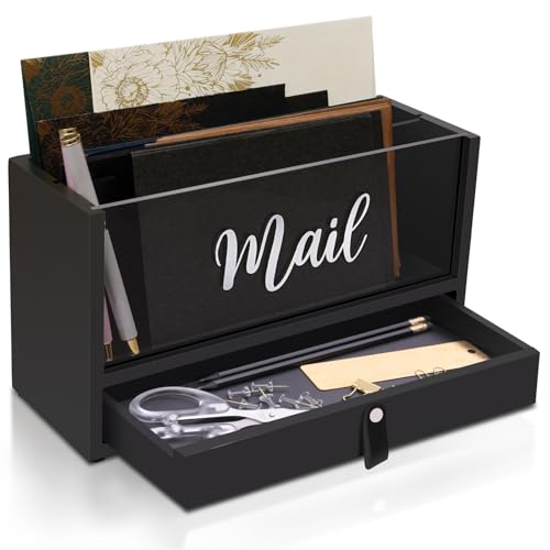 Intarsio Two-Layer Solid Wooden Mail Storage Organizer Holder with Clear Acrylic Top and Bottom Drawer, Leather Handle, Keeping Mail, Bills, Letters, Cards and Office Supplies in One Place, Home Decor Gifts - Image 1