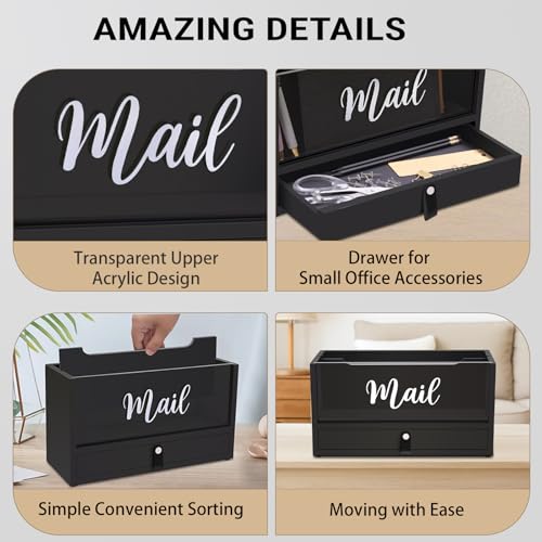 Intarsio Two-Layer Solid Wooden Mail Storage Organizer Holder with Clear Acrylic Top and Bottom Drawer, Leather Handle, Keeping Mail, Bills, Letters, Cards and Office Supplies in One Place, Home Decor Gifts - Image 3
