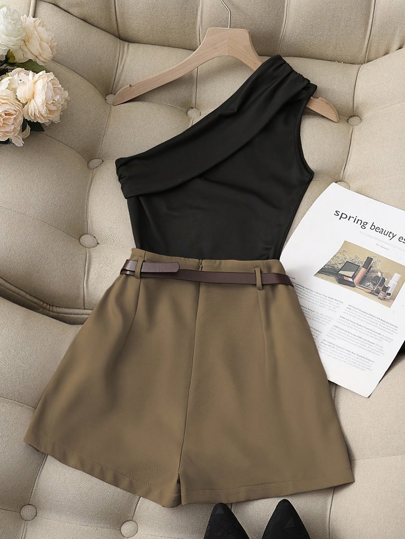 Women's Fashion Solid Color Single-Shoulder Ruched Top and Front-Cover Shorts Set - Image 2