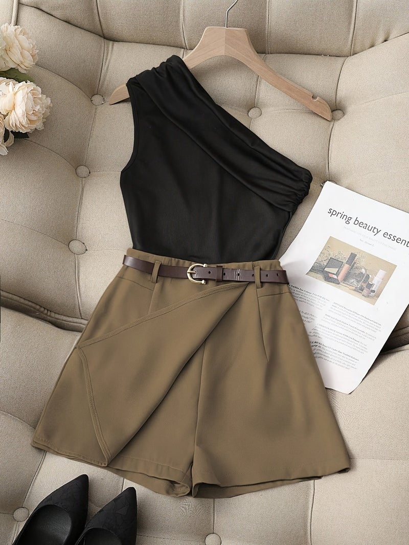 Women's Fashion Solid Color Single-Shoulder Ruched Top and Front-Cover Shorts Set - Image 3