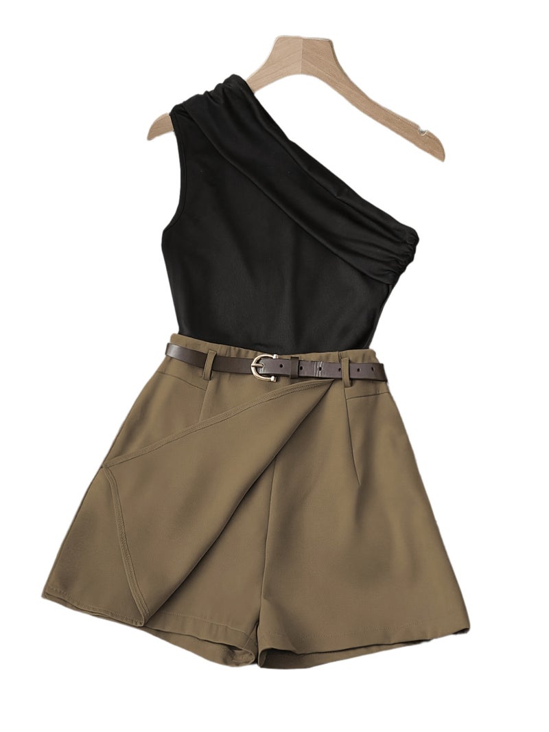 Women's Fashion Solid Color Single-Shoulder Ruched Top and Front-Cover Shorts Set - Image 1