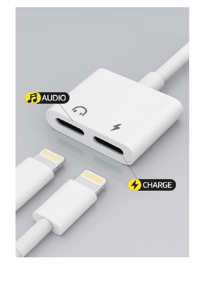 محول Lightning ذكر إلى منفذي Lightning أنثى، للشحن والصوت، أبيض، 10 سم يُعدّ هذا المحول حلاً عمليًا لمستخدمي أجهزة iPhone وiPad الذين يحتاجون إلى شحن أجهزتهم والاستماع إلى الصوت في الوقت نفسه باستخدام سماعات رأس متصلة بمنفذ Lightning. - Image 1