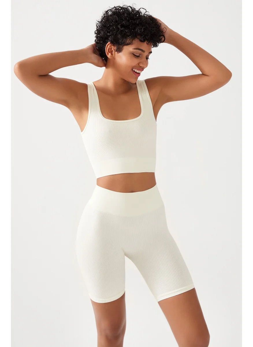 Los Ojos Women's Ecru Strap Ribbed Square Neck Crop Top Bustier Square