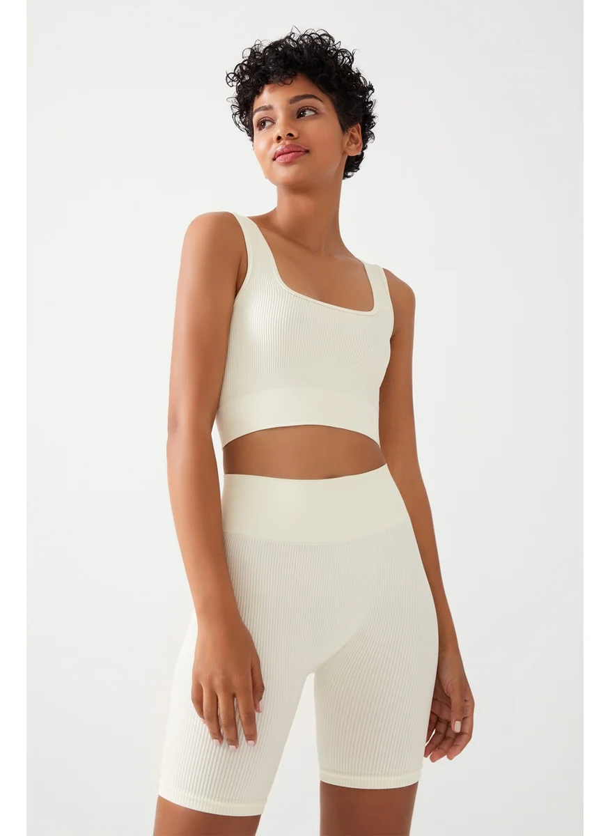 Los Ojos Women's Ecru Strap Ribbed Square Neck Crop Top Bustier Square