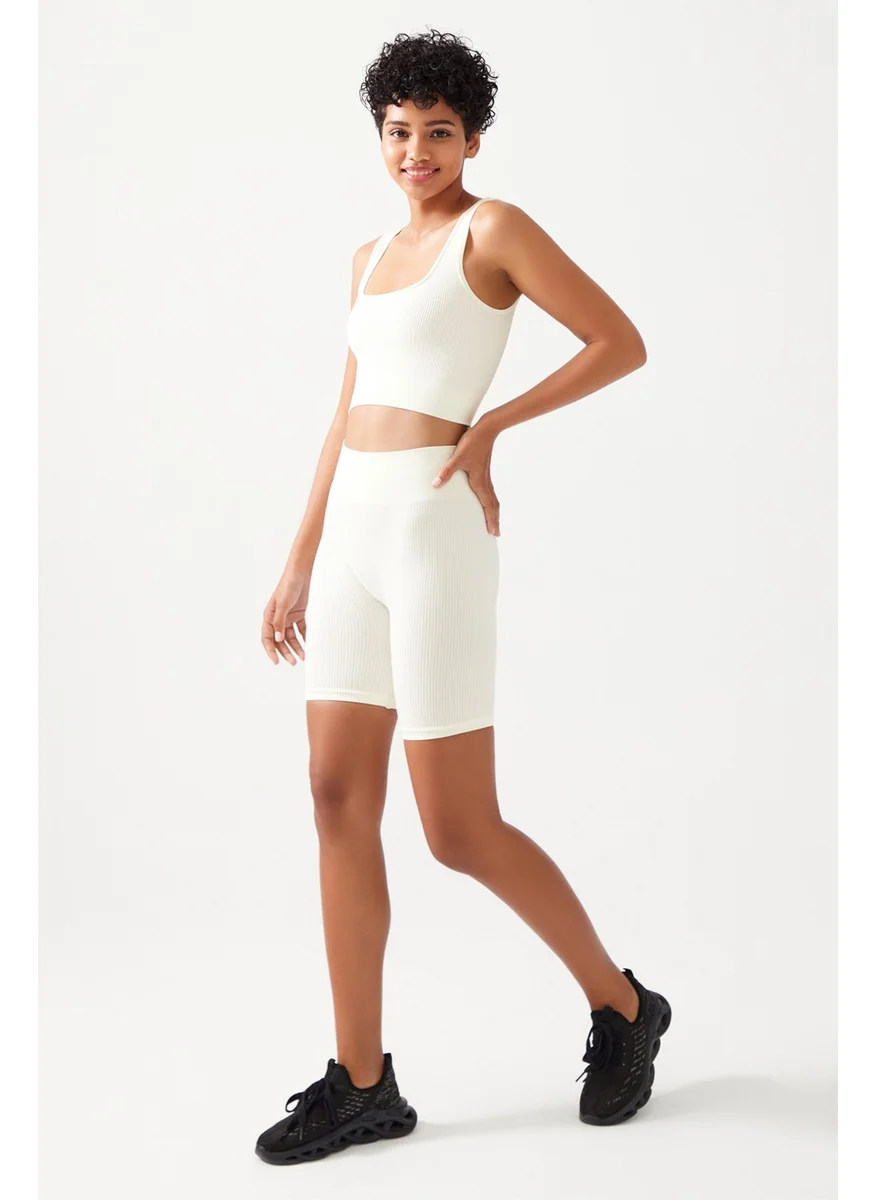 Los Ojos Women's Ecru Strap Ribbed Square Neck Crop Top Bustier Square