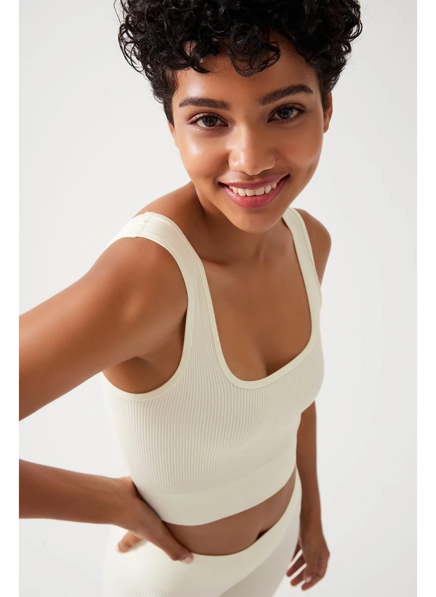 Los Ojos Women's Ecru Strap Ribbed Square Neck Crop Top Bustier Square