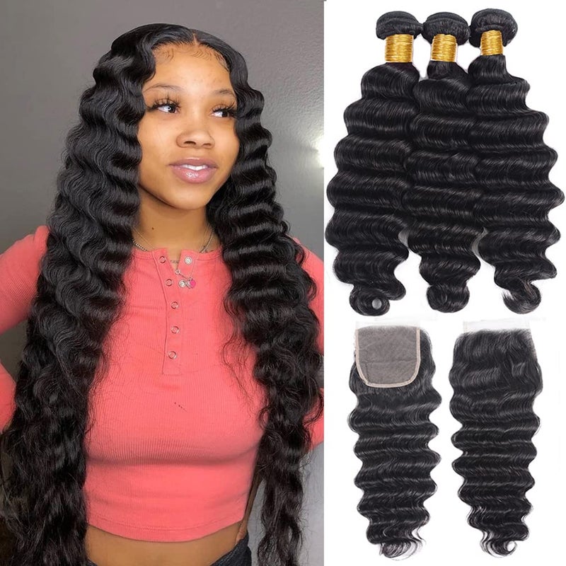 Loose Deep Wave Bundles with Closure16 18 20 14Free Part Loose Deep Wave Human Hair Bundles with 4  4 Closure Unprocessed Brazilian Wet and Wavy Human Hair Bundles Hair Extensions Natural Black