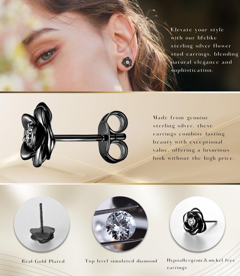 Raneecoco Black Gold Plated Sterling Silver Rose Flower Earring Studs, Hypoallergenic & Nickel Free Earrings for Women(9mm) - Image 3