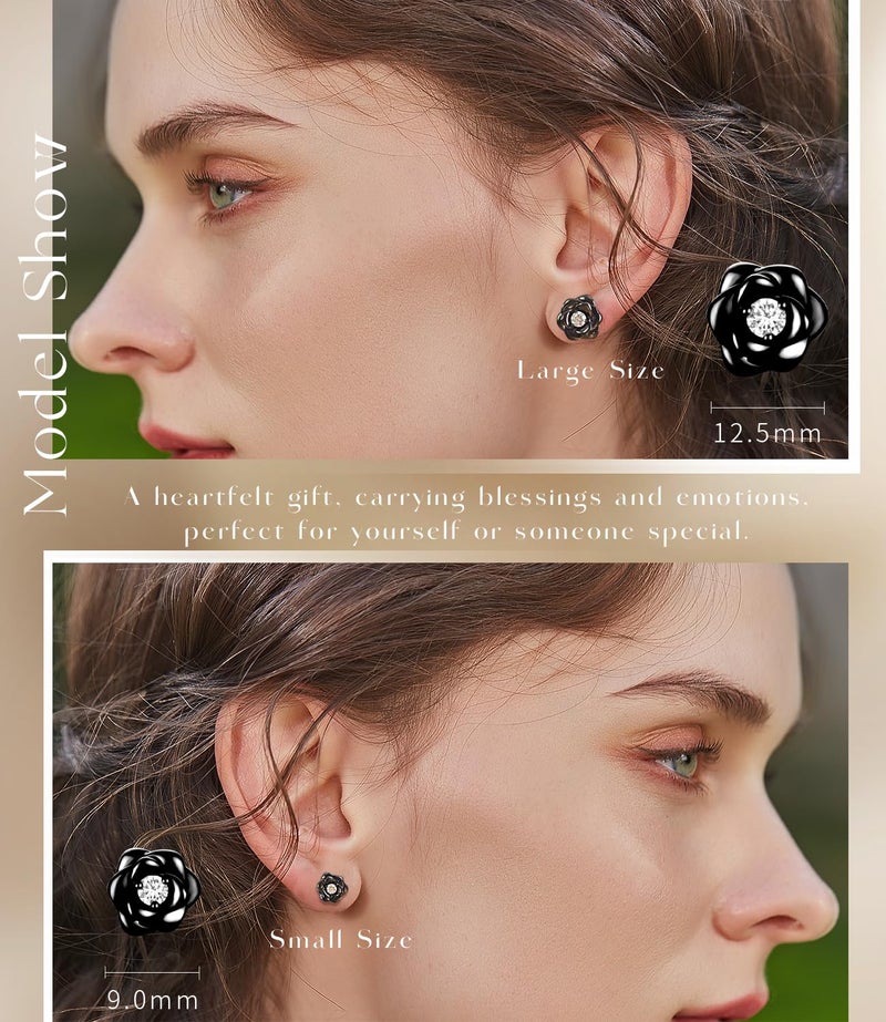 Raneecoco Black Gold Plated Sterling Silver Rose Flower Earring Studs, Hypoallergenic & Nickel Free Earrings for Women(9mm) - Image 4