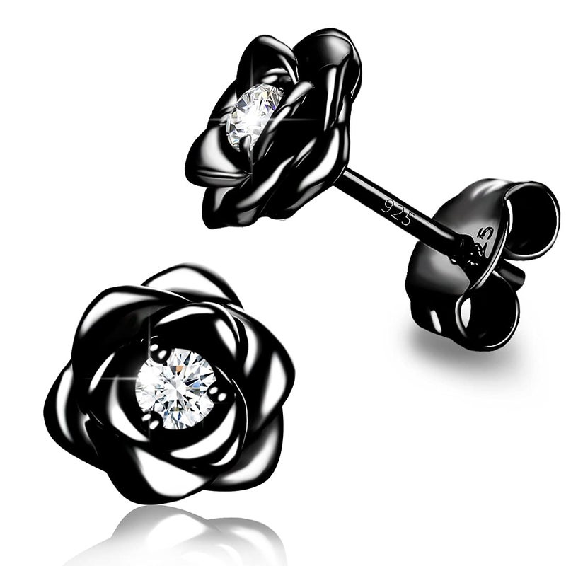 Raneecoco Black Gold Plated Sterling Silver Rose Flower Earring Studs, Hypoallergenic & Nickel Free Earrings for Women(9mm) - Image 1