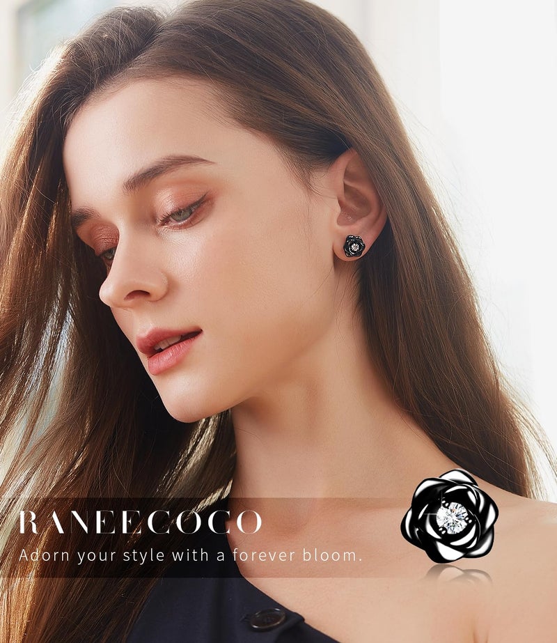 Raneecoco Black Gold Plated Sterling Silver Rose Flower Earring Studs, Hypoallergenic & Nickel Free Earrings for Women(9mm) - Image 2