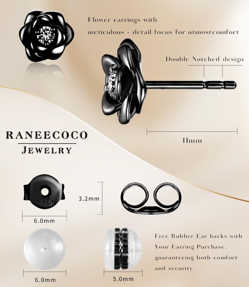 Raneecoco Black Gold Plated Sterling Silver Rose Flower Earring Studs, Hypoallergenic & Nickel Free Earrings for Women(9mm) - Image 5