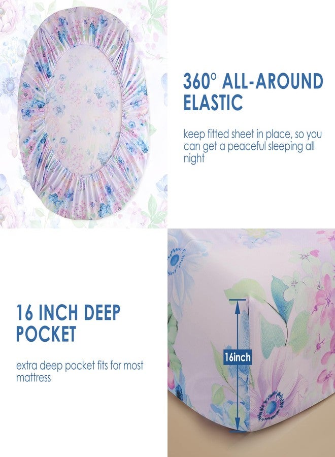JSD مجموعة ملاءات سرير هيدرانجيا أرجوانية JSD بحجم كينج، 4 قطع من الأقمشة الدقيقة المطبوعة ذات الجيوب العميقة - Image 4