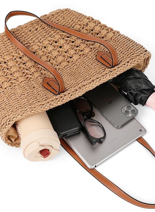 Pocadri Women's Straw Hobo Bag Woven Shoulder Bag Large Totes Summer Travel Beach Handbag Handmade Purse, Coffee - Image 5