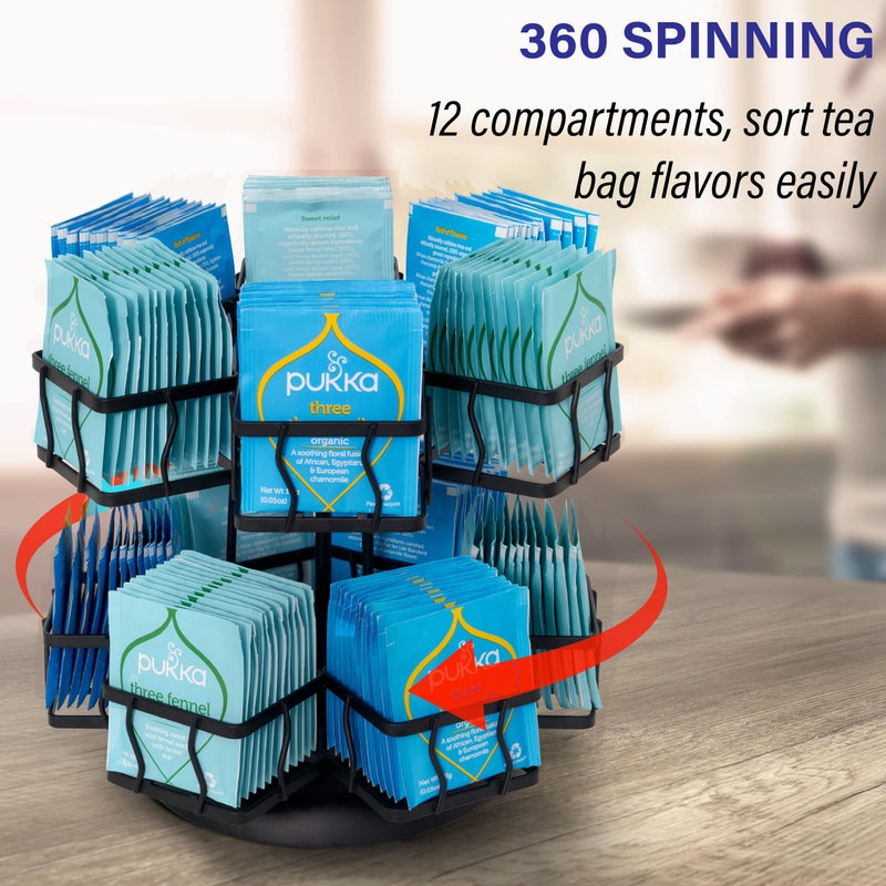 Nhz Tea Bag Organizer Tea Bag Storage Holder Spinning Carousel With 12 Compartments  Up To 140 Tea Bags Storage  Tea Bag Holder Black Powder Coated Stainless Steel - Image 2