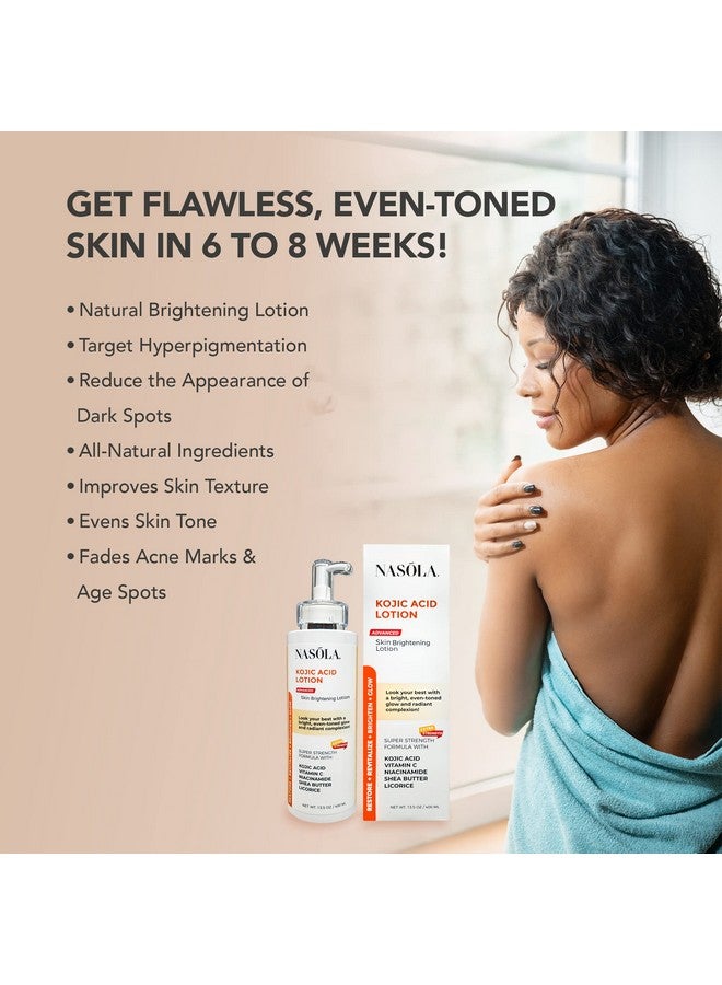 Nasola لوشن حمض الكوجيك من أسولا لتفتيح البشرة بشكل طبيعي للوجه والجسم مع فيتامين سي والنياسيناميد وزبدة الشيا وعرق السوس والشاي الأخضر لعلاج فرط التصبغ والبقع الداكنة وتوحيد لون البشرة للنساء والرجال - Image 4