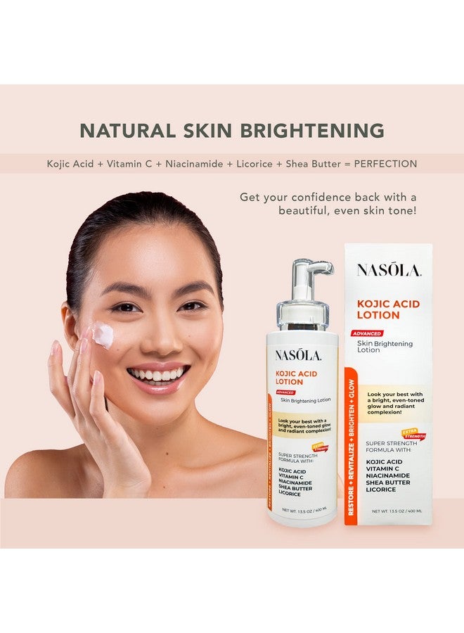 Nasola لوشن حمض الكوجيك من أسولا لتفتيح البشرة بشكل طبيعي للوجه والجسم مع فيتامين سي والنياسيناميد وزبدة الشيا وعرق السوس والشاي الأخضر لعلاج فرط التصبغ والبقع الداكنة وتوحيد لون البشرة للنساء والرجال - Image 3