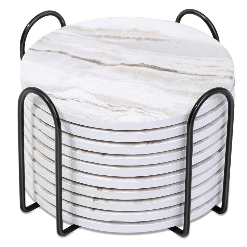 Caffox Coasters Set of 10 Absorbent Drink Coasters with Holder Marble Style Ceramic Coaster for Wooden Table Home Decor 4 InchesGriege