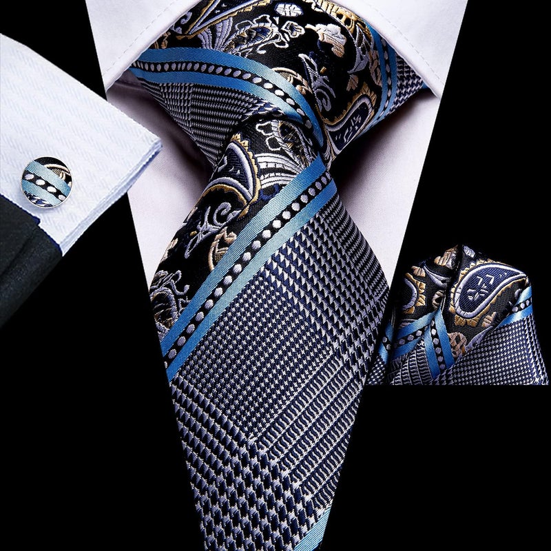 Dubulle Mens Paisely Floral Silk Tie for Men Striped Necktie and Pocket Square Set Wedding Business,Blue - Image 3