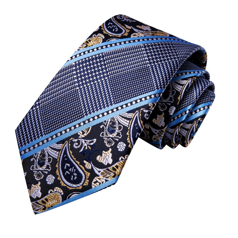 Dubulle Mens Paisely Floral Silk Tie for Men Striped Necktie and Pocket Square Set Wedding Business,Blue - Image 2