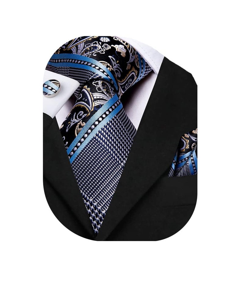Dubulle Mens Paisely Floral Silk Tie for Men Striped Necktie and Pocket Square Set Wedding Business,Blue - Image 1